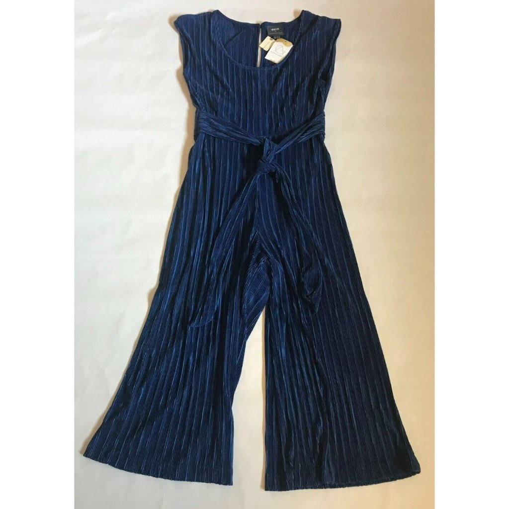 Maeve Navy Blue Pleated Velvet Jumpsuit With Tie Waist